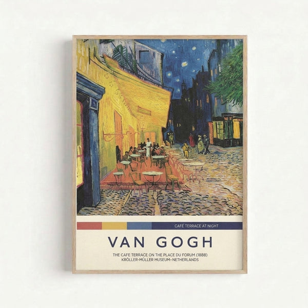Framed poster of Van Gogh's luminous nighttime café scene with warm golden buildings, deep blue sky, and twinkling stars, evoking vintage Paris charm.
