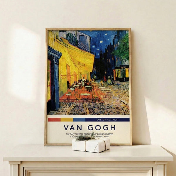 Impressionist art print showing Van Gogh's nostalgic café terrace under a starlit sky, with warm yellow interiors contrasting the cool blue night atmosphere.
