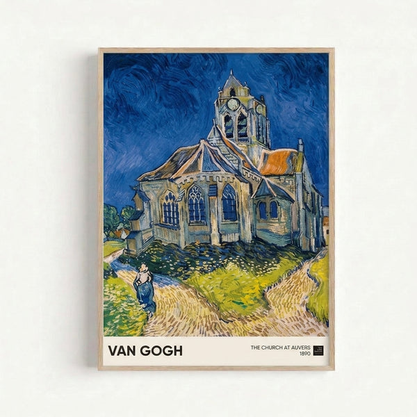 Framed impressionist art print showing a village church with dramatic perspective and dynamic swirling sky in deep blues and yellows, characteristic of Van Gogh's spiritual and contemplative style.