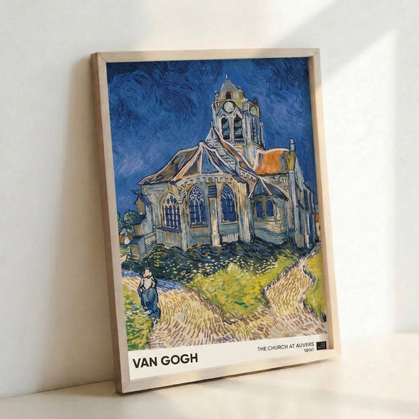 Van Gogh Church at Auvers wall art depicting an architectural landscape with the church as focal point, surrounded by olive green and rust tones, with expressive brushwork throughout the composition.