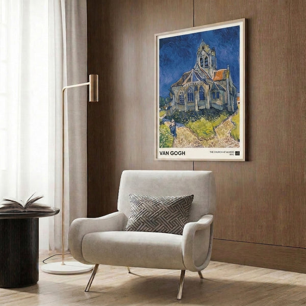 Impressionist-style framed poster depicting a village church with soaring steeple under an expressive, turbulent sky rendered in complementary blues and warm cream tones.