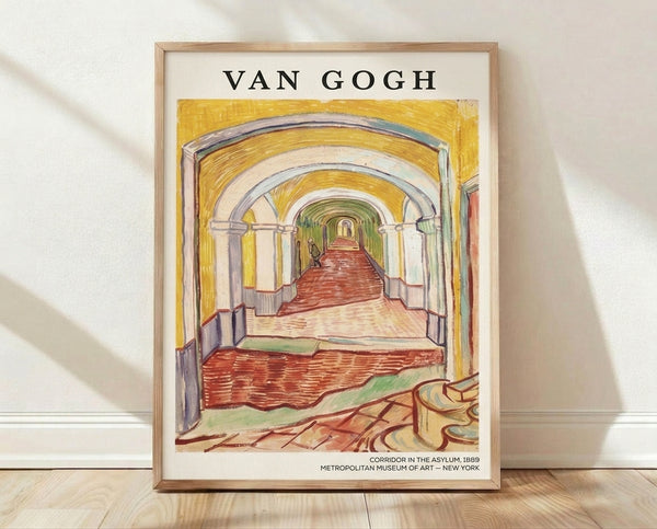 Impressionist painting of a long asylum corridor with arched ceiling receding into perspective, rendered in golden yellows, creams, and soft grays, evoking a contemplative and quietly unsettling mood.