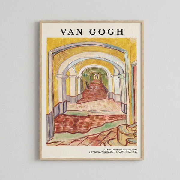 Van Gogh-inspired artwork depicting an architectural hallway with repeating archways in terracotta and lavender tones, creating an introspective atmosphere through dramatic perspective.