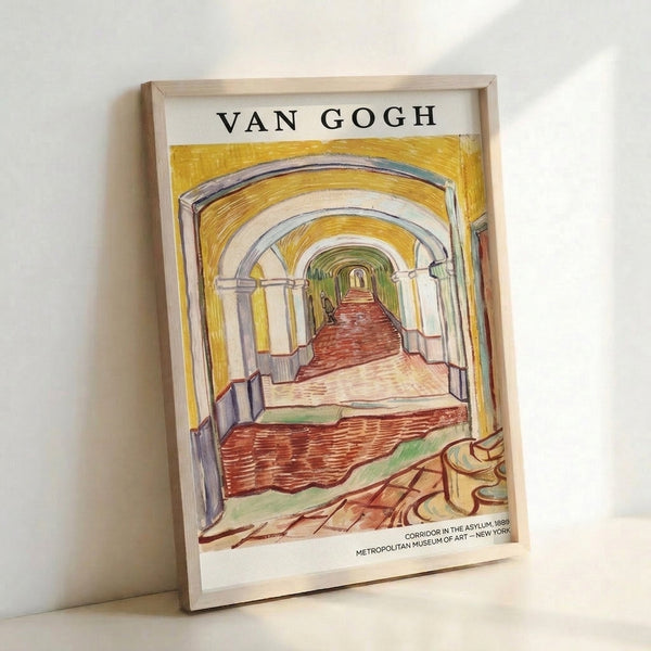Vintage-style framed art print showing a corridor interior with vanishing-point perspective, soft golden and green hues conveying a contemplative yet subtly unnerving feeling.