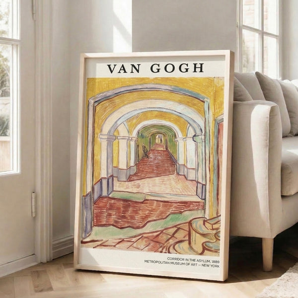 Classic impressionist-style painting of an asylum hallway with arched doorways, featuring warm creams and golden yellows against cooler lavender and green accents, evoking introspection.
