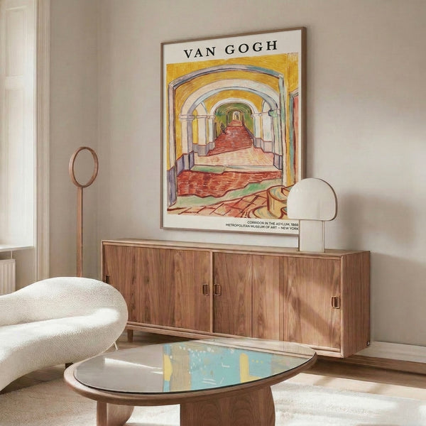 Impressionist wall hanging showing an interior corridor with repeated archways and vanishing perspective, soft color palette of cream, green, and golden tones conveying contemplative mood.