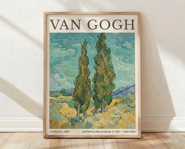 Framed poster of Van Gogh's 1889 Cypresses landscape featuring swirling brushstrokes in turquoise, sage green, and golden yellow depicting tall cypress trees against a dynamic sky.