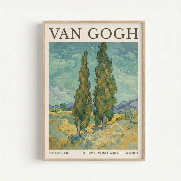 Impressionist-style framed art print showing cypress trees in a rolling landscape with cream and dark blue tones, conveying contemplative mood through expressive swirling technique.