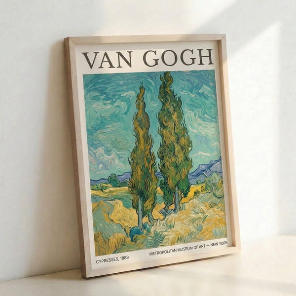 Van Gogh's Cypresses museum print with energetic brushwork in golden yellows and sage greens, tall trees dominating a windswept landscape composition on cream background.