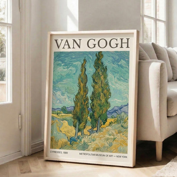 Museum-quality poster of Van Gogh's cypress study showcasing expressive impasto technique in sage, golden, and turquoise hues across a mountainous landscape.