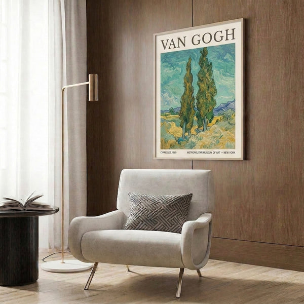 Impressionist painting of towering cypress trees against a turbulent turquoise and dark blue sky with golden field accents, emanating movement and introspection.