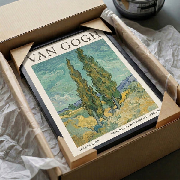 Framed print of the 1889 Cypresses landscape capturing Van Gogh's swirling energy through sage green foliage, cream highlights, and an animated sky rendered in bold blues.