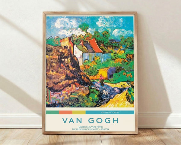 Framed Van Gogh-style impressionist landscape painting featuring a cottage nestled among trees and rolling fields under a dynamic sky in turquoise, sage green, golden yellow, and rust tones.