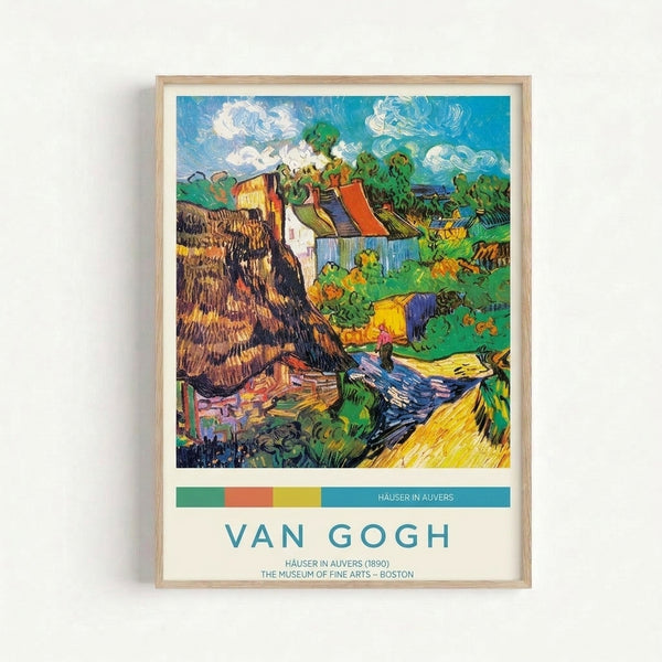 Vintage impressionist poster art depicting a serene Auvers village house surrounded by vibrant foliage and pastoral countryside in swirling brushstrokes and warm cream, blue, and green hues.