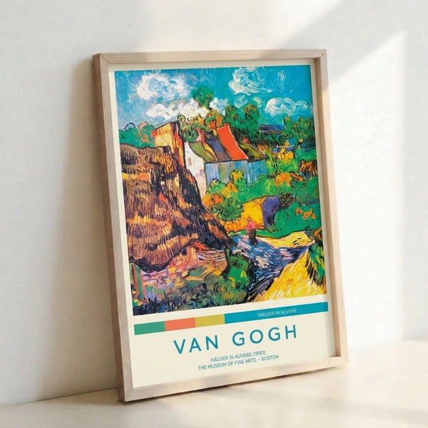 Van Gogh inspired framed print showing a tranquil French countryside cottage with expressive sky and lush vegetation rendered in rich turquoise, golden yellow, sage, and rust-orange tones.