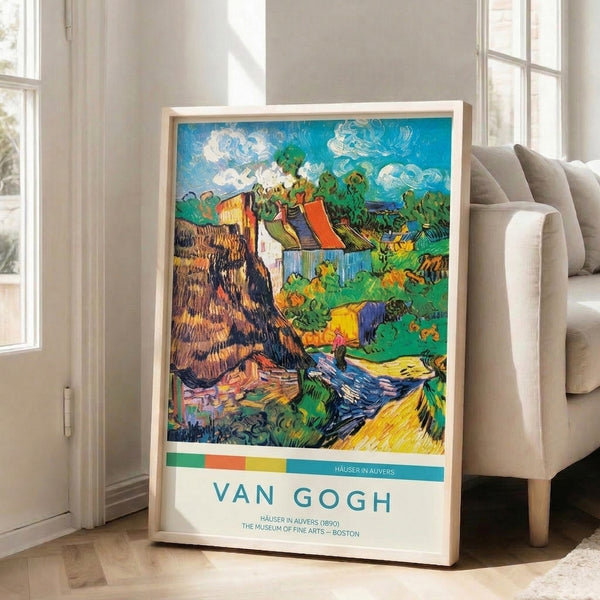 Impressionist art print of a peaceful rural cottage landscape with dynamic sky, trees, and fields executed in vibrant brushwork using cream, turquoise, green, and golden yellow palette.