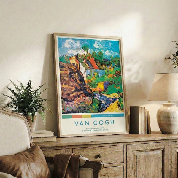 Serene pastoral landscape poster featuring a village house among fields and trees in impressionist style with swirling brushstrokes and calming turquoise, sage green, and rust-gold colors.
