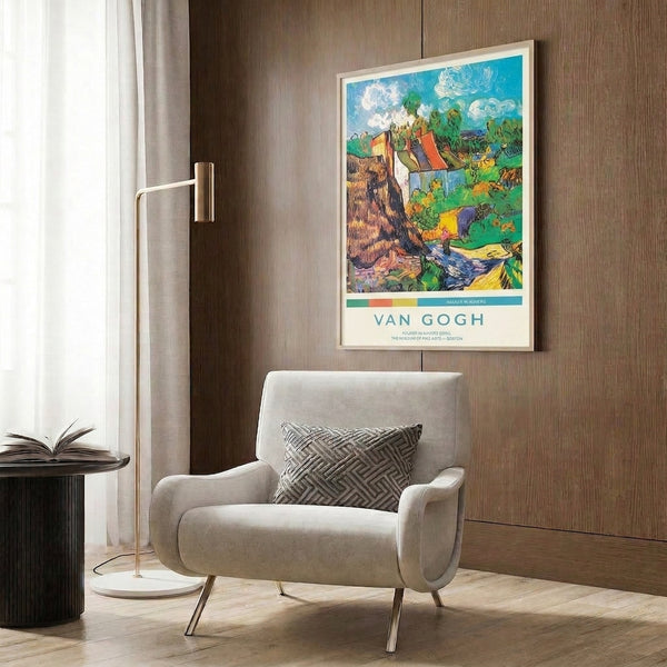 Framed vintage impressionist artwork depicting a tranquil Auvers cottage scene with surrounding foliage and countryside rendered in expressive sage, turquoise, cream, and warm orange-rust tones.