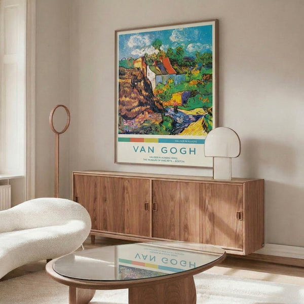 Van Gogh style landscape print showing a peaceful French country house with vibrant sky, vegetation, and fields in impressionist technique using dynamic turquoise, golden yellow, green, and rust hues.