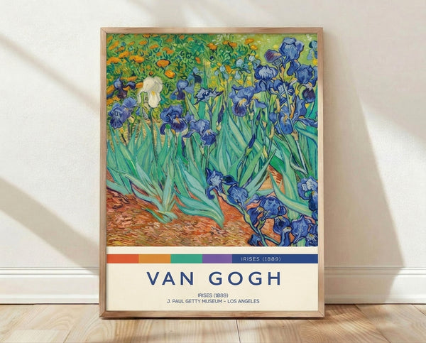 Van Gogh's Irises framed poster featuring vibrant purple and blue iris blooms with swirling brushstrokes in Impressionist style, displayed as wall art in a serene garden-inspired aesthetic.