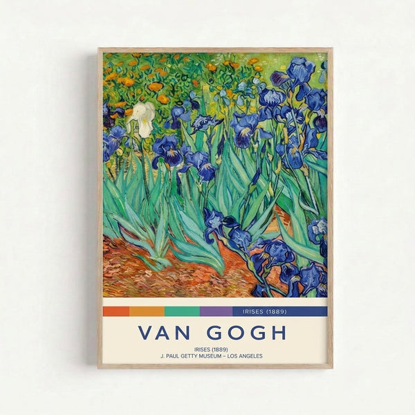 Vintage botanical art print of irises in purple, green, and golden yellow tones, capturing the dynamic movement and contemplative mood of Van Gogh's 1889 masterpiece.