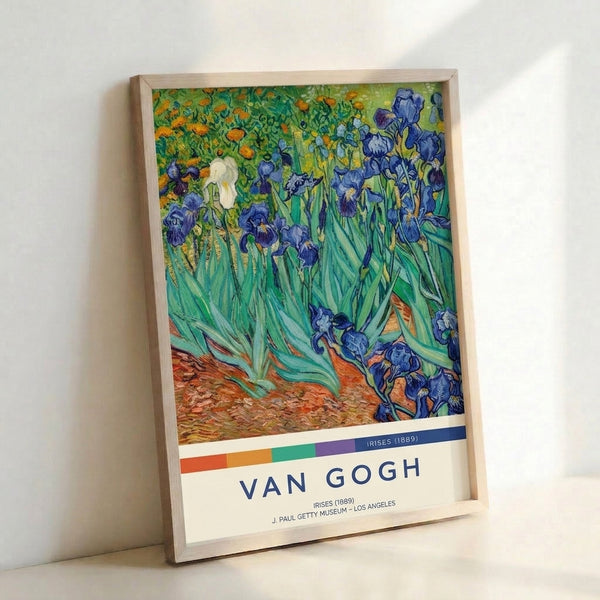 Framed impressionist poster showcasing Van Gogh's iconic iris composition with rich purples and orange accents, perfect for gallery-style wall decor.