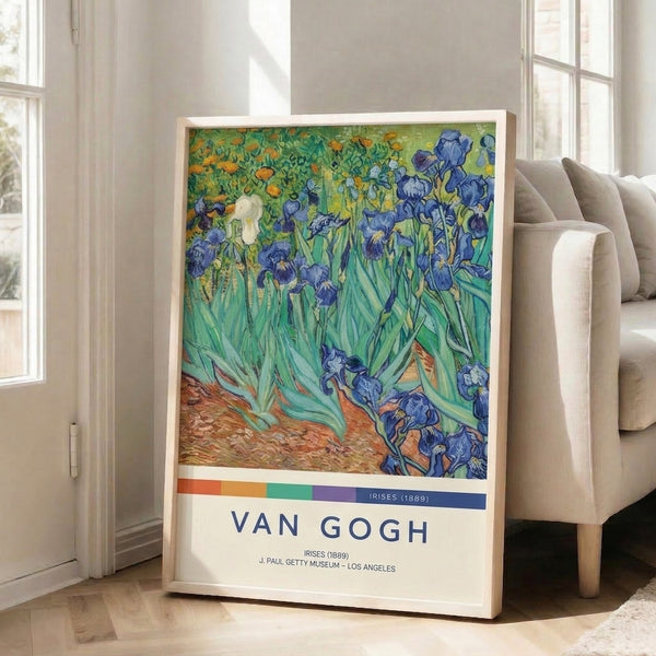 Serene flower garden print featuring irises rendered in Van Gogh's distinctive swirling technique with cream and purple harmonies, hung as elegant wall art.