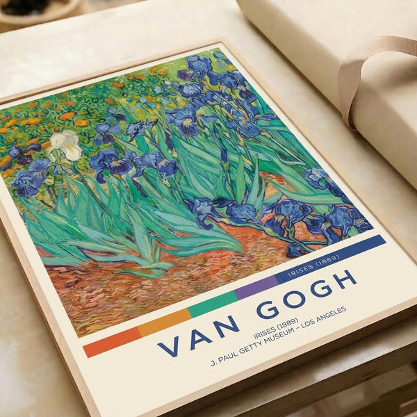 Contemplative iris flower art print in purple, green, and yellow with expressive brushwork, capturing the tranquil mood of Van Gogh's timeless botanical subject.