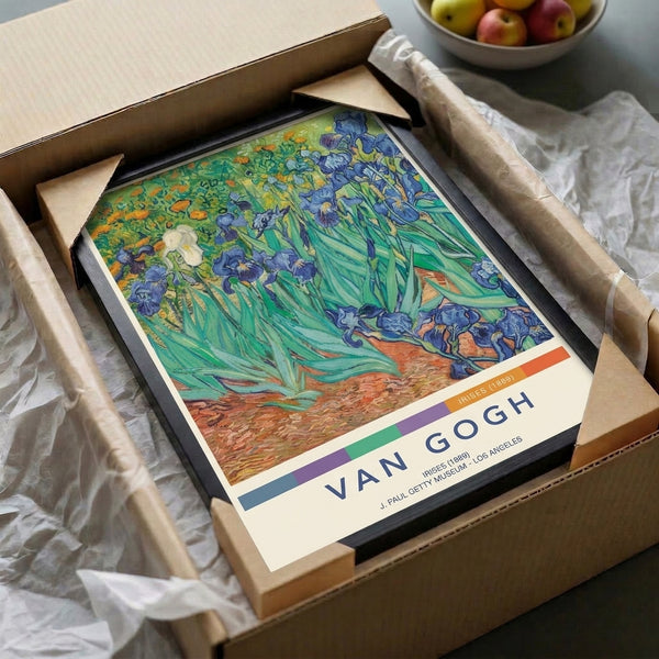 Vintage-style poster of Van Gogh's irises with vivid purple petals and swirling green stems against a cream background, presented as framed wall art.