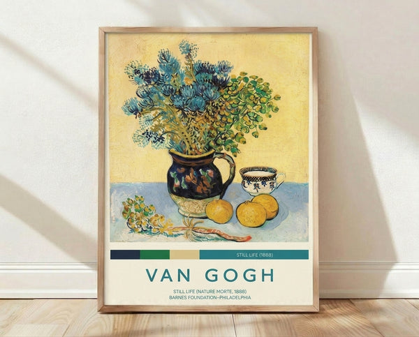 Impressionist still life painting featuring a ceramic vase with vibrant wildflowers, accompanied by fresh lemons and a delicate cup, rendered in warm ochre and rich teals.