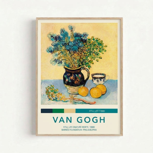 Van Gogh-inspired still life artwork showing blooming flowers in a pitcher with complementary vegetables and tableware, painted in bold impressionist brushstrokes with cream, navy, and forest green tones.