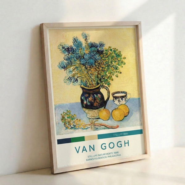 Framed poster art displaying an intimate floral arrangement with vase, pitcher, and fresh produce in warm yellows and cool blue-green hues, capturing the contemplative essence of impressionist still life painting.