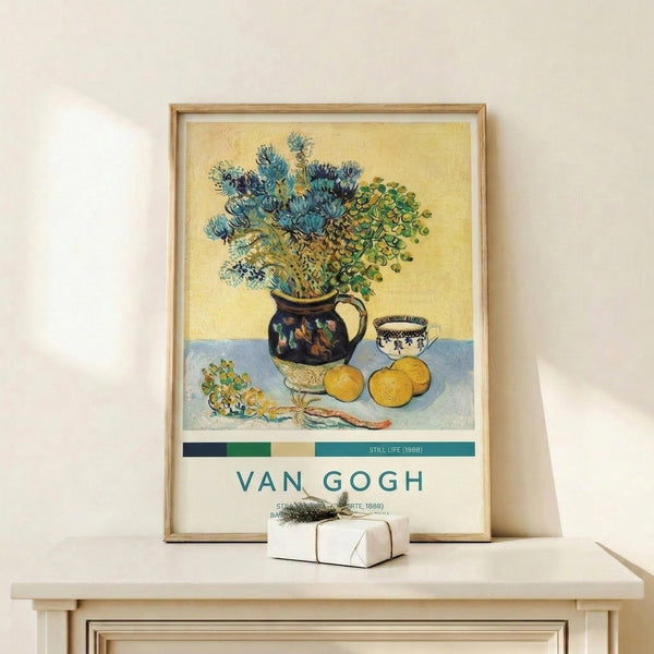 Impressionist-style nature morte composition featuring cut flowers in pottery vessels alongside lemons and a cup, unified by a sophisticated palette of ochre gold, teal, and navy.