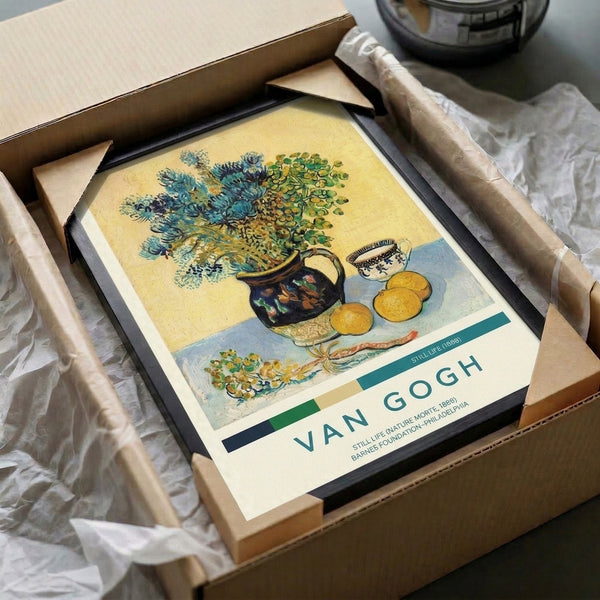 Wall art print depicting an intimate still life arrangement of wildflowers in a vase, fresh produce, and pottery arranged on a surface, painted in impressionist style with vibrant cream, teal, and ochre tones.