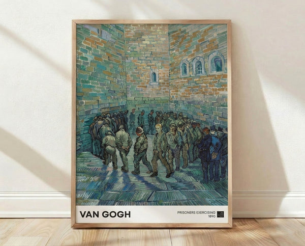 Van Gogh's Prisoners Exercising framed poster featuring men in a brick courtyard under guard, rendered in muted teal, ochre, and dusty blue tones with contemplative, somber mood.