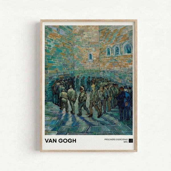 Framed vintage Impressionist art print depicting prisoners walking in a confined courtyard with brick walls and guards, palette of sage green and cream with introspective atmosphere.