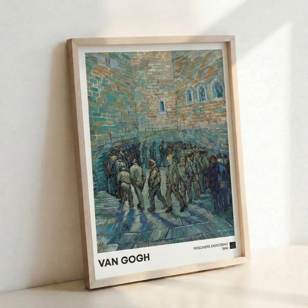 Dark academia wall art showing Van Gogh's 1890 painting of men exercising in prison yard, featuring earthy ochre and teal hues with melancholic, thoughtful character.