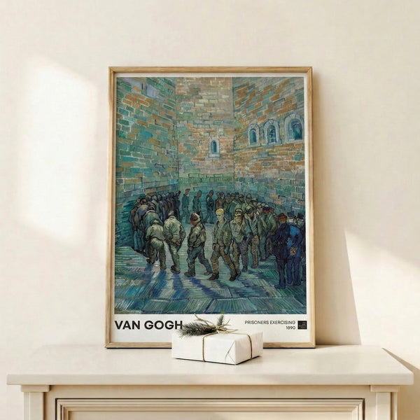 Impressionist poster art framing Van Gogh's study of human confinement and routine, prisoners and guards in brick courtyard rendered in muted sage, dusty blue, and cream.