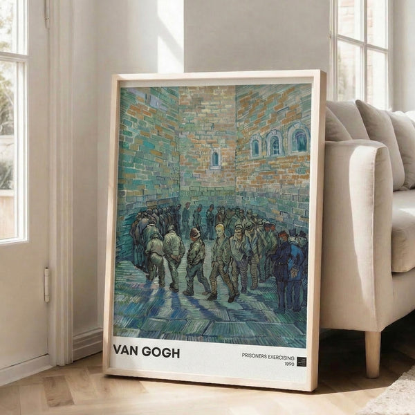 Van Gogh's contemplative prison yard scene as framed art print, multiple figures in movement against brick architecture, somber palette of teal and warm ochre tones.