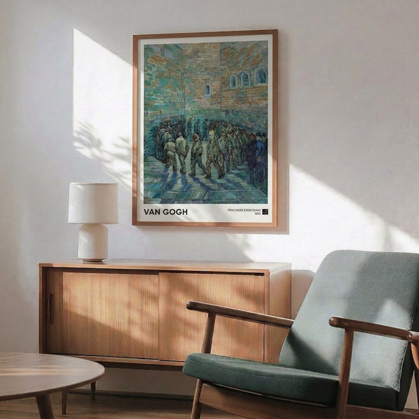Vintage Impressionist poster depicting Van Gogh's Prisoners Exercising with introspective mood, figures in courtyard bounded by brick walls and guards, muted earthy color scheme.