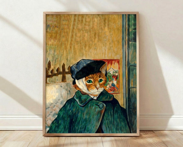 Whimsical impressionist-style portrait of an orange cat wearing a hat and bandage, inspired by Van Gogh's self-portrait, with golden yellow, forest green, and rust red tones, framed on a wall.