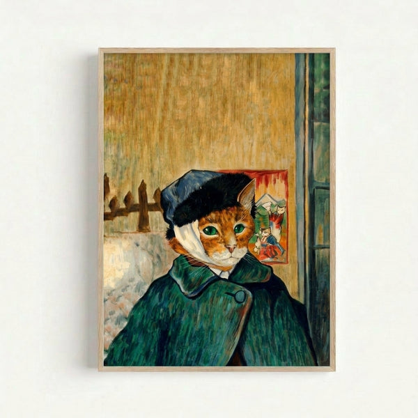 Playful cat artwork in vintage impressionist style featuring warm golden yellows and deep blues, depicting a feline figure with distinctive hat and bandaged features gazing toward a window.