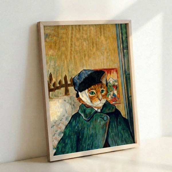 Introspective cat portrait blending impressionist technique with warm rust reds, creams, and forest greens, showing a whimsical feline character in contemplative pose, displayed as a framed art print.