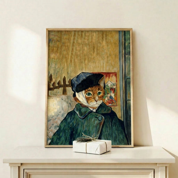 Van Gogh-inspired cat self-portrait rendered in impressionist style with bold golden yellow brushstrokes, navy blue accents, and vintage color palette, capturing playful yet thoughtful mood.