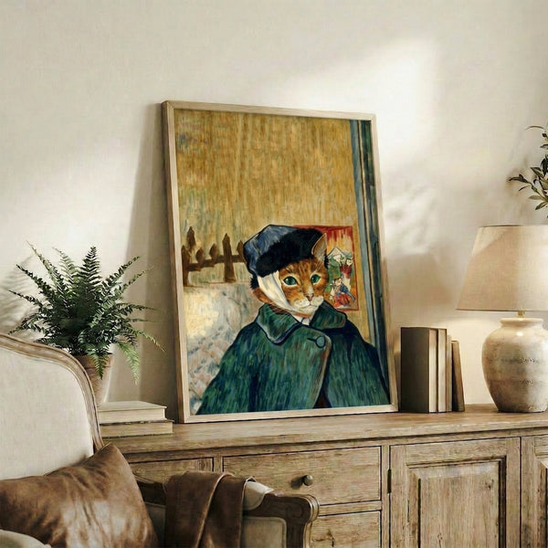 Vintage-style impressionist cat artwork with golden yellow and deep blue tones, showing a playful orange feline with distinctive hat gazing pensively, executed in classic self-portrait composition.