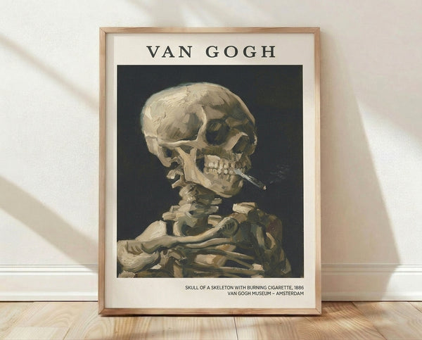 Vintage impressionist painting of a human skull with a cigarette, rendered in muted cream, grey, olive, and burnt sienna tones on a framed wall poster.