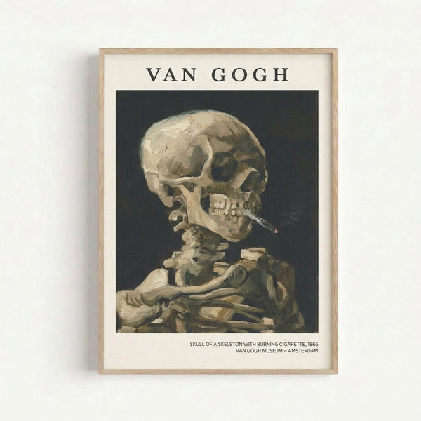 Dark, contemplative skull study with cigarette in impressionist style, featuring earthy colors and bold brushwork in a framed art print.