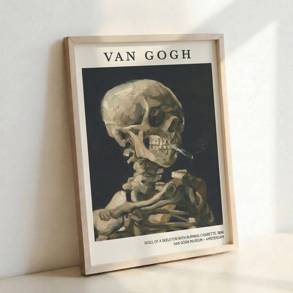Framed poster of a skeleton's skull smoking a cigarette, painted in Van Gogh's distinctive impressionist technique with cream and grey palette.