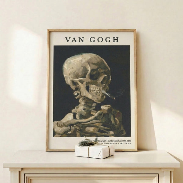 Gothic-inspired skull artwork with cigarette in vintage impressionist style, displaying moody earth tones and contemplative subject matter as a wall-mounted print.