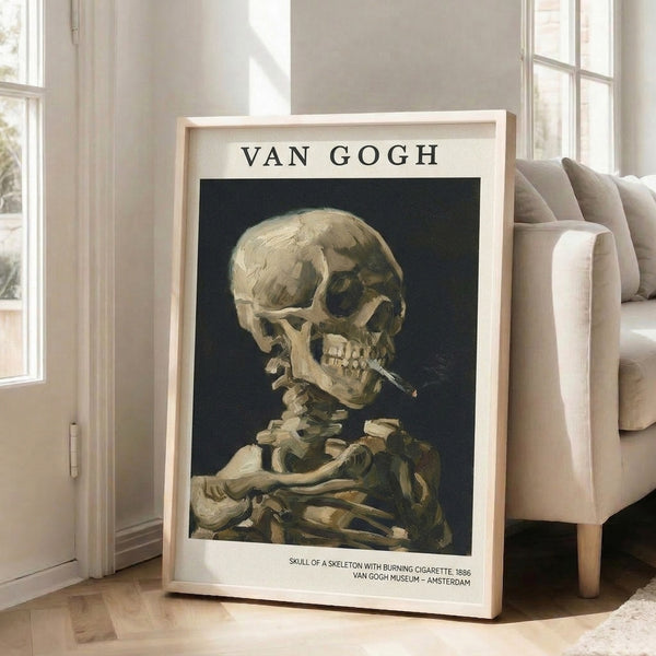 Skeleton skull holding cigarette rendered in impressionist brushwork with cream, olive, and dark grey hues, displayed as a framed poster.